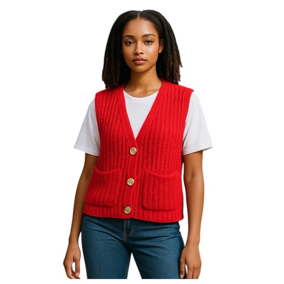 UEU Sleeveless Red Cropped Knit Cardigan Crochet Sweater SZ M Women Vest Western - Picture 1 of 6